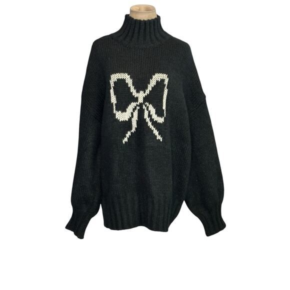 Lisa Says Gah Cece Black Ink Bow Knit Oversized Turtleneck Sweater Size M/L - Picture 13 of 13